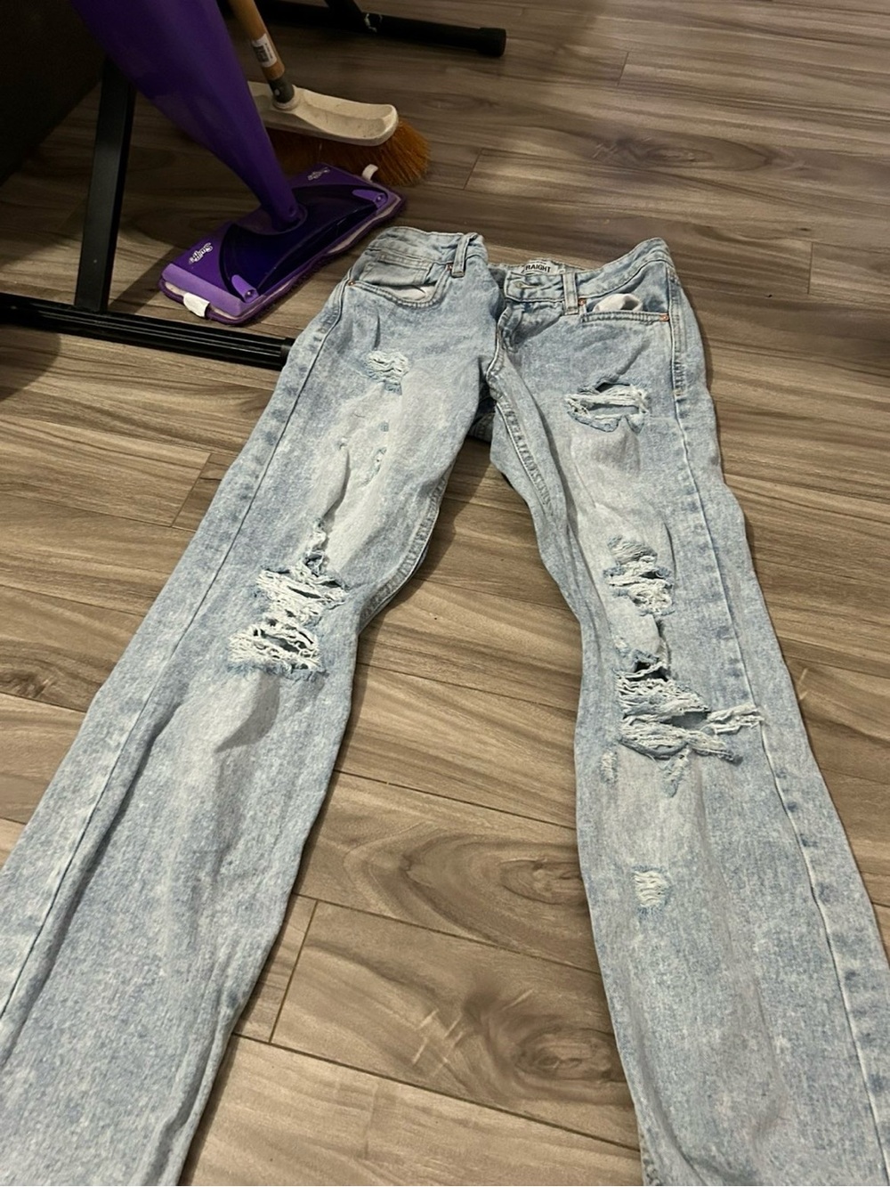 Light Wash Distressed Straight Leg Jeans - Women